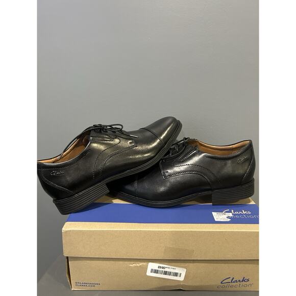 Clarks Mens Whiddon Cap Black Leather Round Toe Slip On Oxfords 10.5 M NEW - Picture 1 of 5